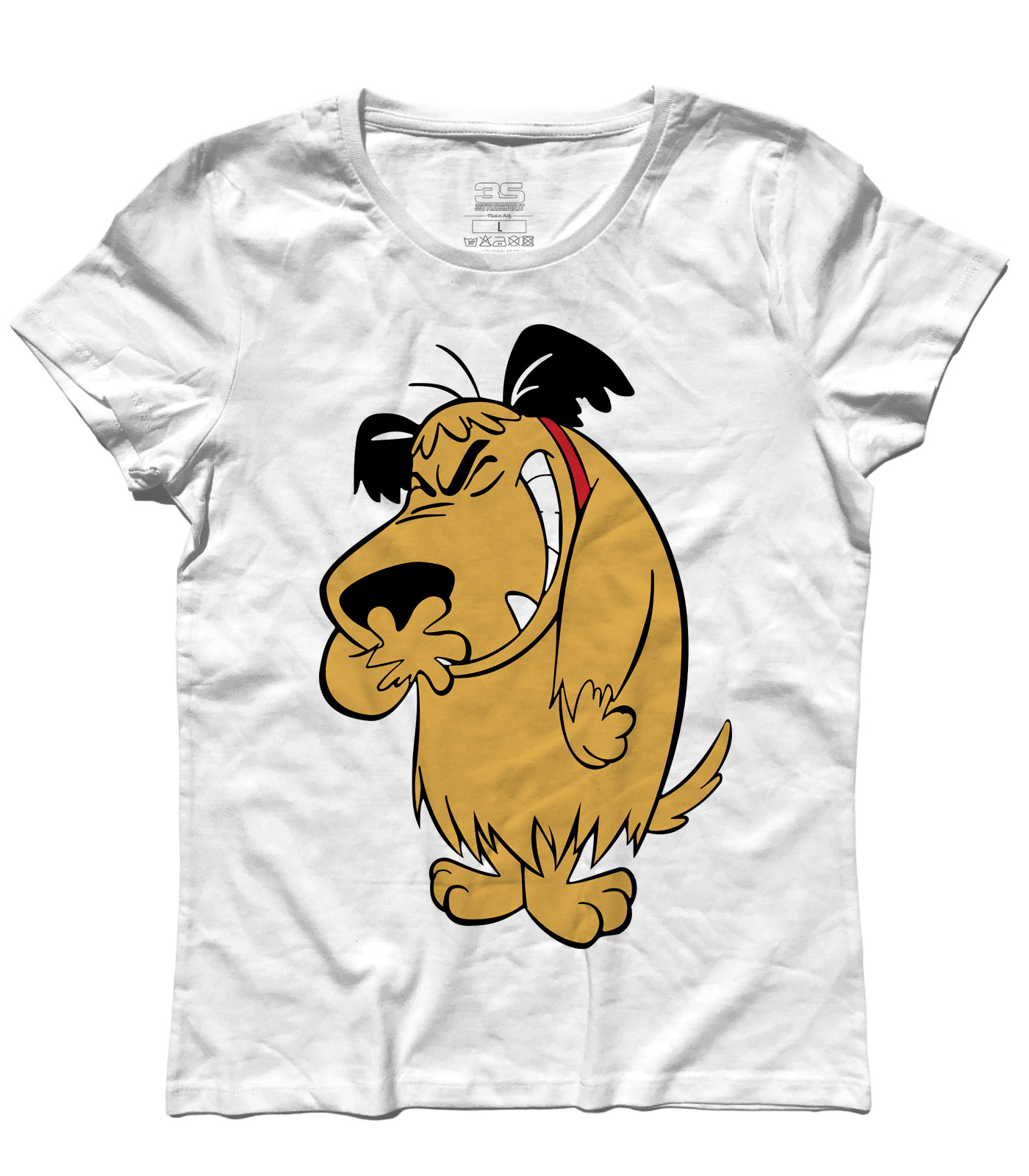 Muttley_3_wacky_races_t-shirt_donna_WH muttley t-shirt donna con immagine al tutta altezza del cane che ride