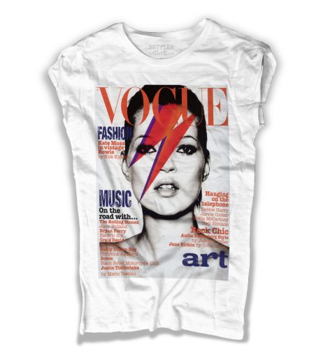 Kate moss t-shirt donna bianca con Kate Moss truccata come David Bowie