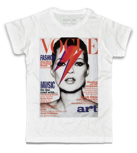 Kate moss t-shirt uomo bianca con Kate Moss truccata come David Bowie