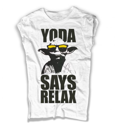 yoda t-shirt donna bianca con scritta yoda says relax