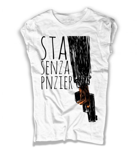 gomorra t-shirt donna con scritta sta senza pnzier e immagine pistola stilizzata