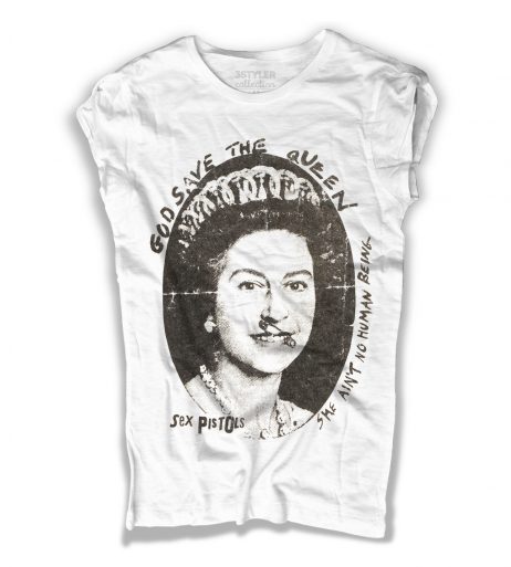 sex pistols t-shirt donna bianca con immagine della regina elisabetta