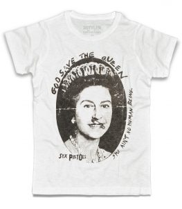 sex pistols t-shirt uomo bianca con immagine della regina elisabetta