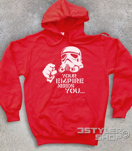 star wars felpa unisex raffigurante uno stormtrooper stilizzato e scritta your empire needs you