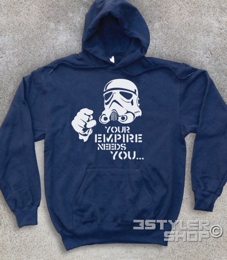 star wars felpa unisex raffigurante uno stormtrooper stilizzato e scritta your empire needs you