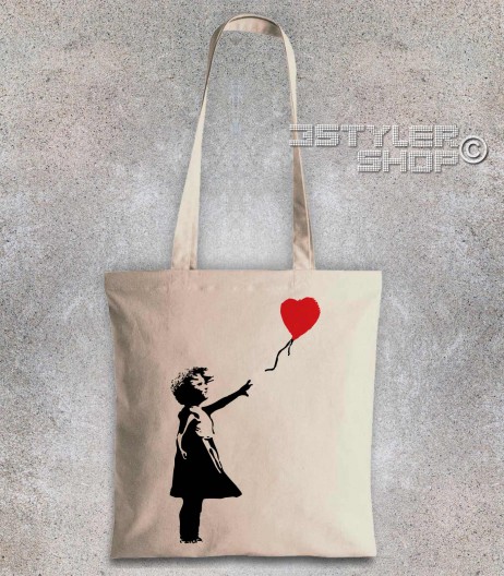 balloon girl borsa shopper raffigurante una bimba con un palloncino a forma di cuore