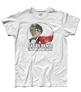 haran banjo t-shirt con scritta the most esxy hero in the world