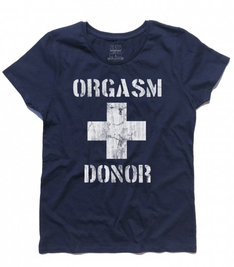 Orgasm donor t-shirt donna con scritta Orgasm donor e croce al centro. Uguale a quella indossata da stifler in american pie