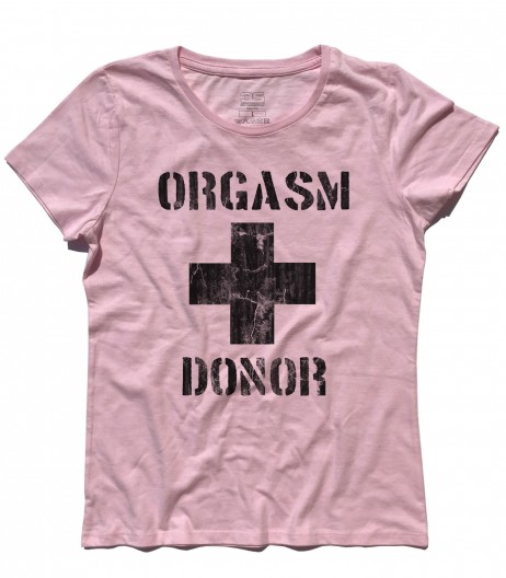 Orgasm donor t-shirt donna con scritta Orgasm donor e croce al centro. Uguale a quella indossata da stifler in american pie