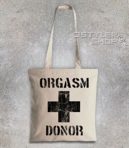 Orgasm donor borsa shopper con scritta Orgasm donor e croce al centro. Uguale a quella indossata da stifler in american pie