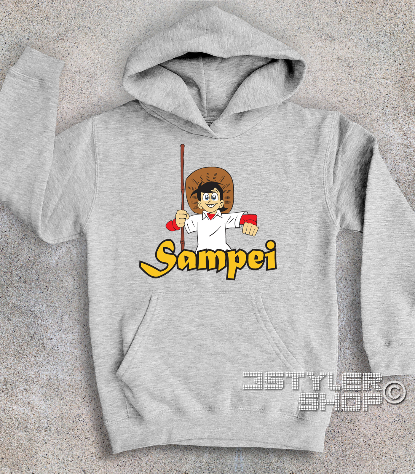 sampei_pescatore_felpa_bambino_gr Sampei felpa bambino raffigurante bil pescatore con il suo cappello e la canna da pesca