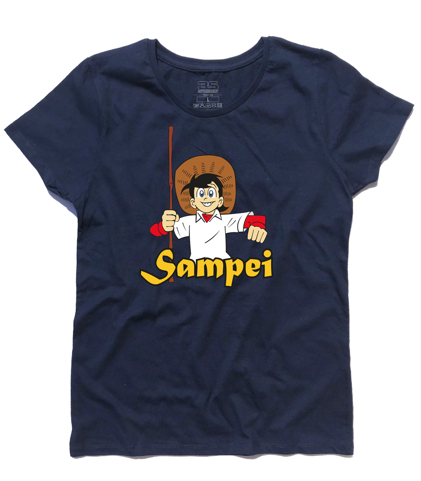 sampei_pescatore_t-shirt_donna_NA Sampei t-shirt donna raffigurante bil pescatore con il suo cappello e la canna da pesca