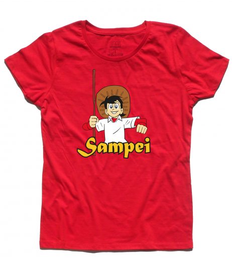 Sampei t-shirt donna raffigurante bil pescatore con il suo cappello e la canna da pesca