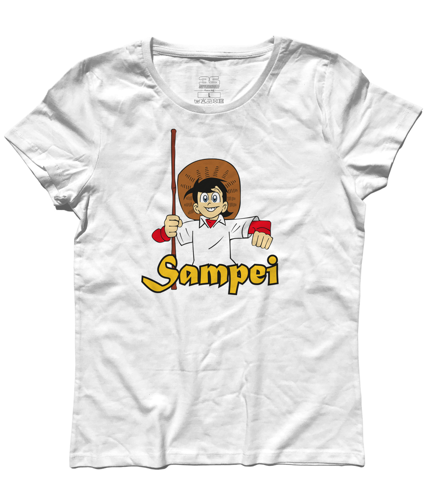 sampei_pescatore_t-shirt_donna_WH Sampei t-shirt donna raffigurante bil pescatore con il suo cappello e la canna da pesca