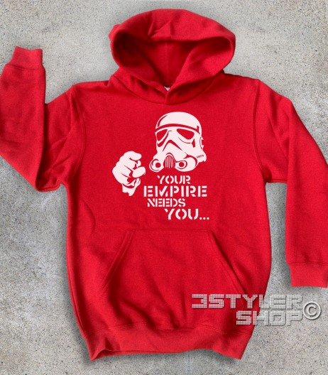 star wars felpa bambino raffigurante uno stormtrooper stilizzato e scritta your empire needs you