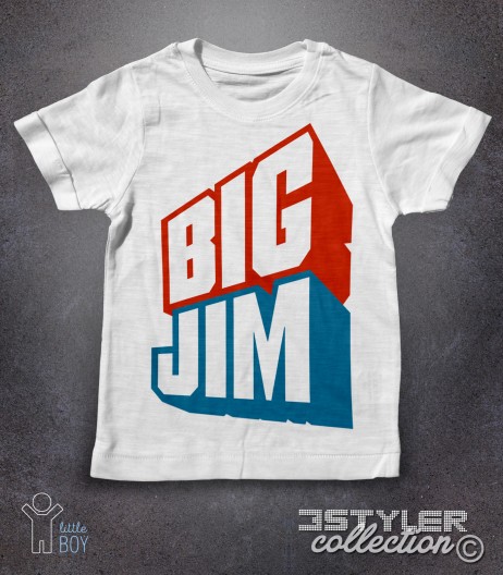 big jim t-shirt bambino bianca raffigurante il celebre logo azzurro e rosso del giocattolo cult della mattel