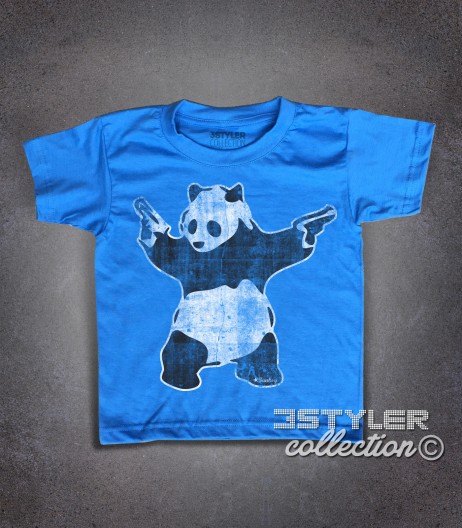panda pistole t-shirt bambino raffigurante l'opera panda with guns di banksy