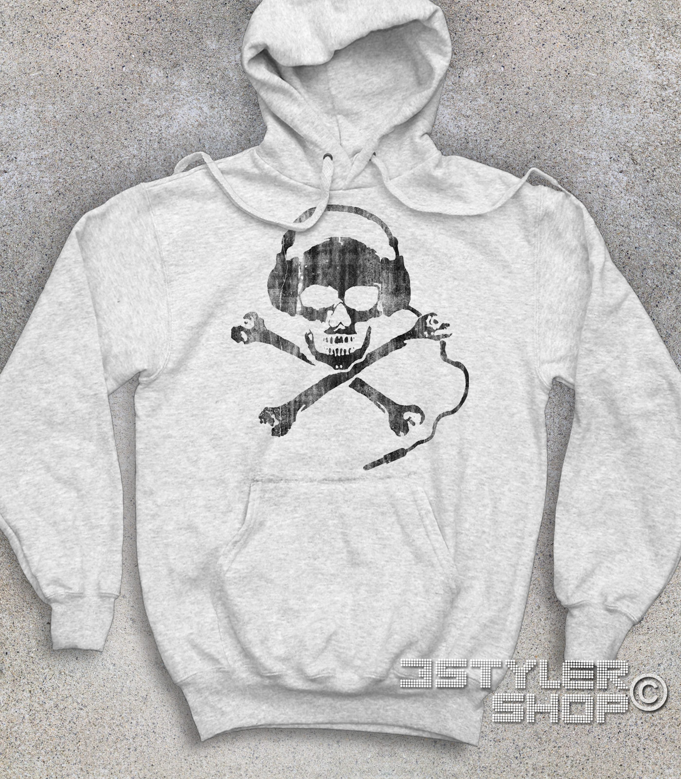 vintage_dj_skull_felpa_unisex_GC teschio dj felpa unisex dj skull raffigurante un teschio antichizzato con le cuffie da dj