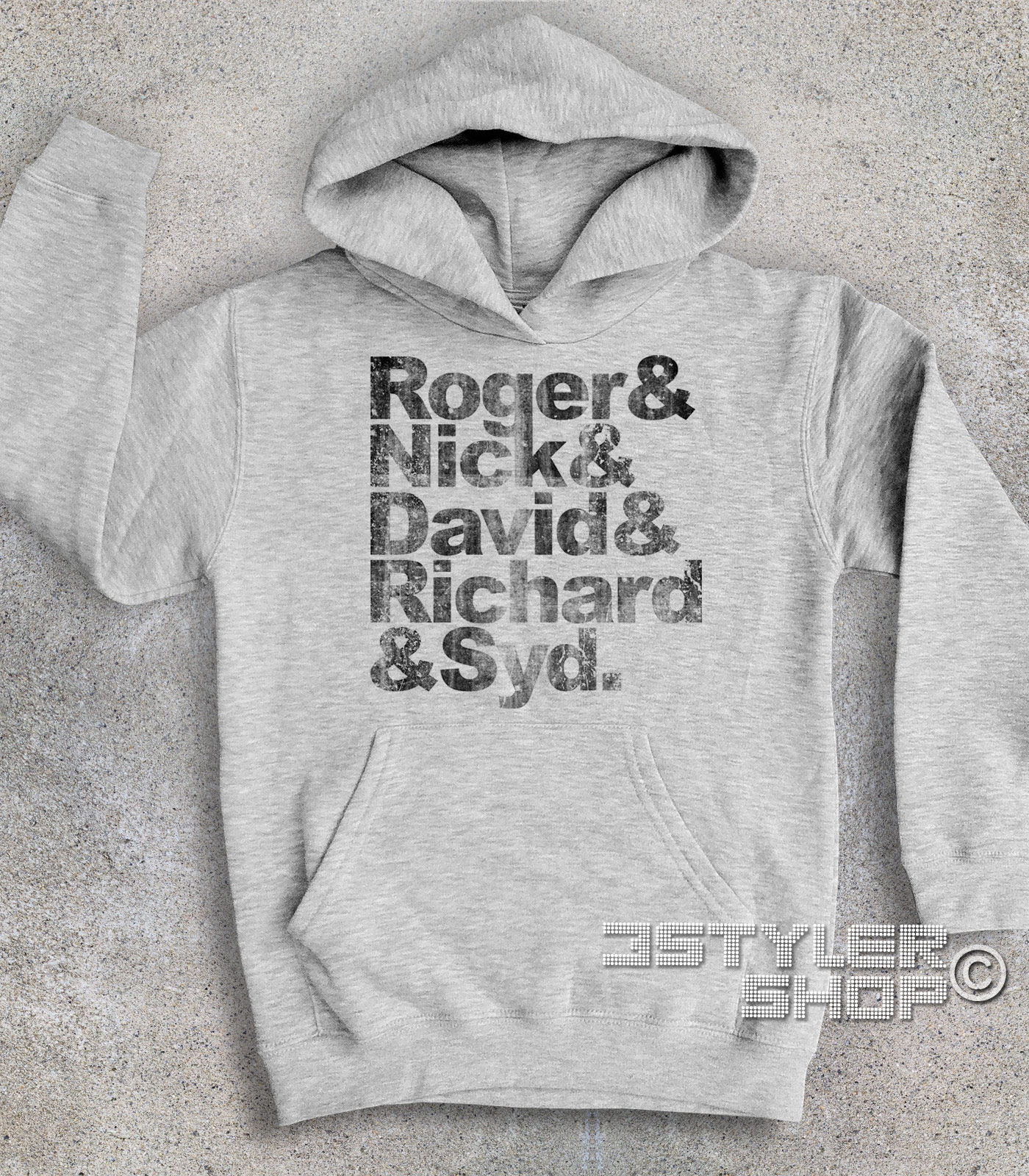 Pink Floyd felpa bambino coi nomi antichizzati dei componenti: Roger, Nick, David, Richard e Syd