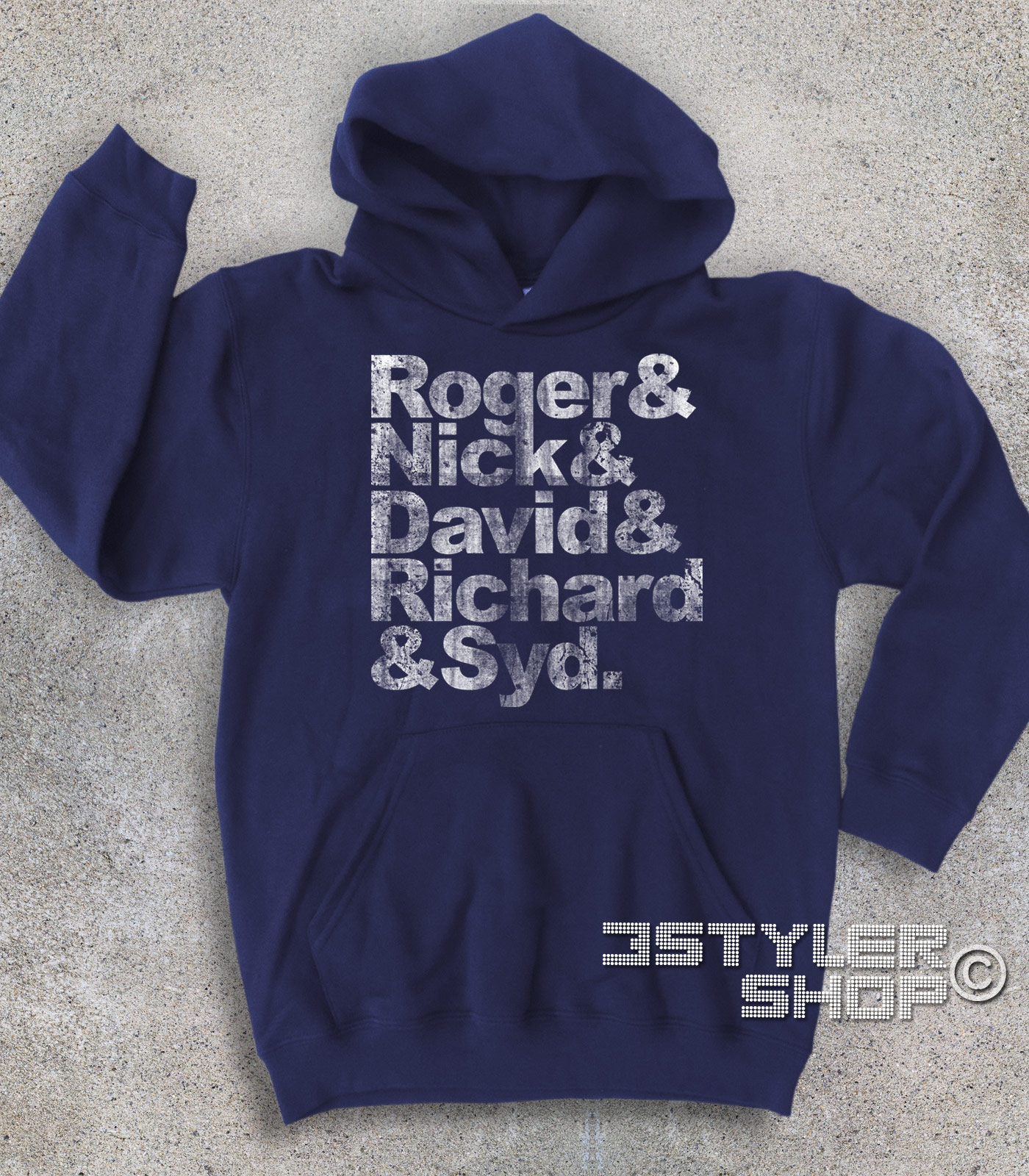 Pink Floyd felpa bambino coi nomi antichizzati dei componenti: Roger, Nick, David, Richard e Syd