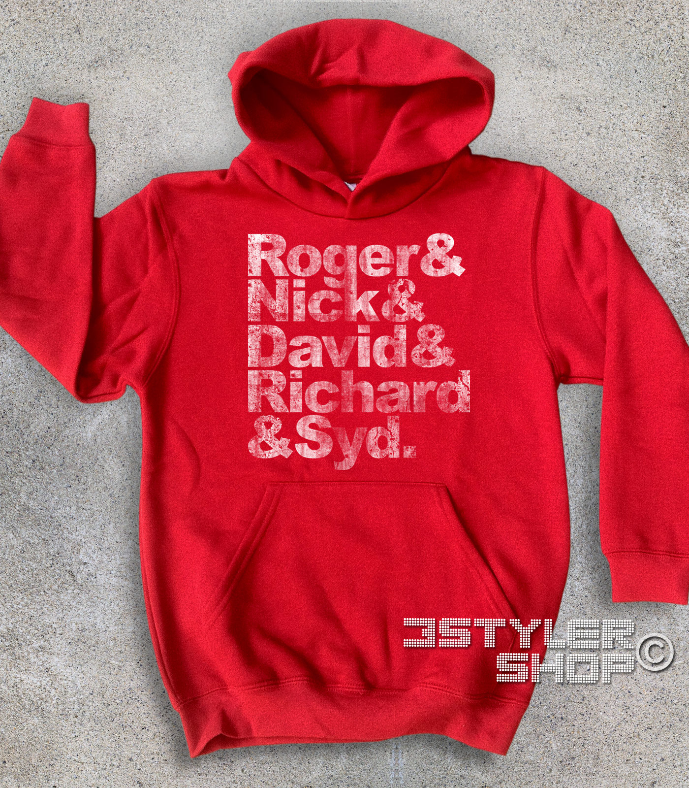 Pink Floyd felpa bambino coi nomi antichizzati dei componenti: Roger, Nick, David, Richard e Syd