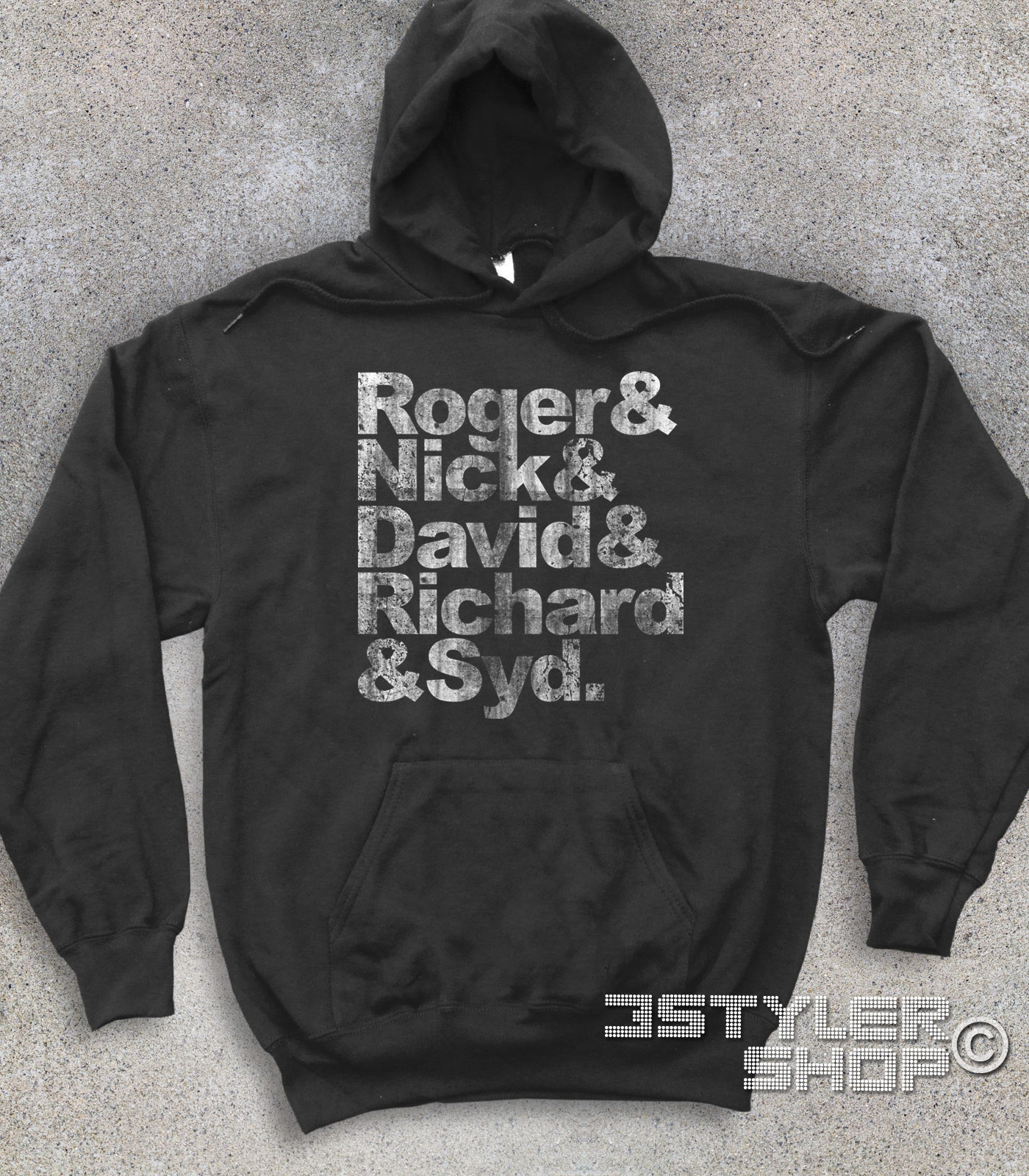Pink Floyd felpa unisex coi nomi antichizzati dei componenti: Roger, Nick, David, Richard e Syd