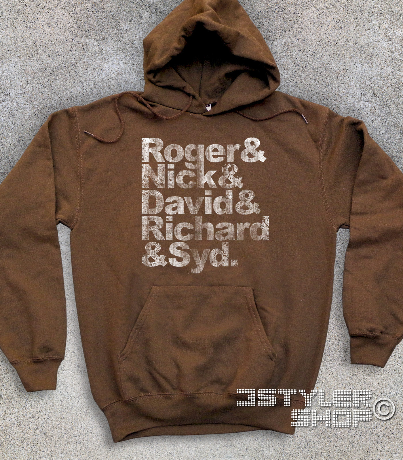 Pink Floyd felpa unisex coi nomi antichizzati dei componenti: Roger, Nick, David, Richard e Syd