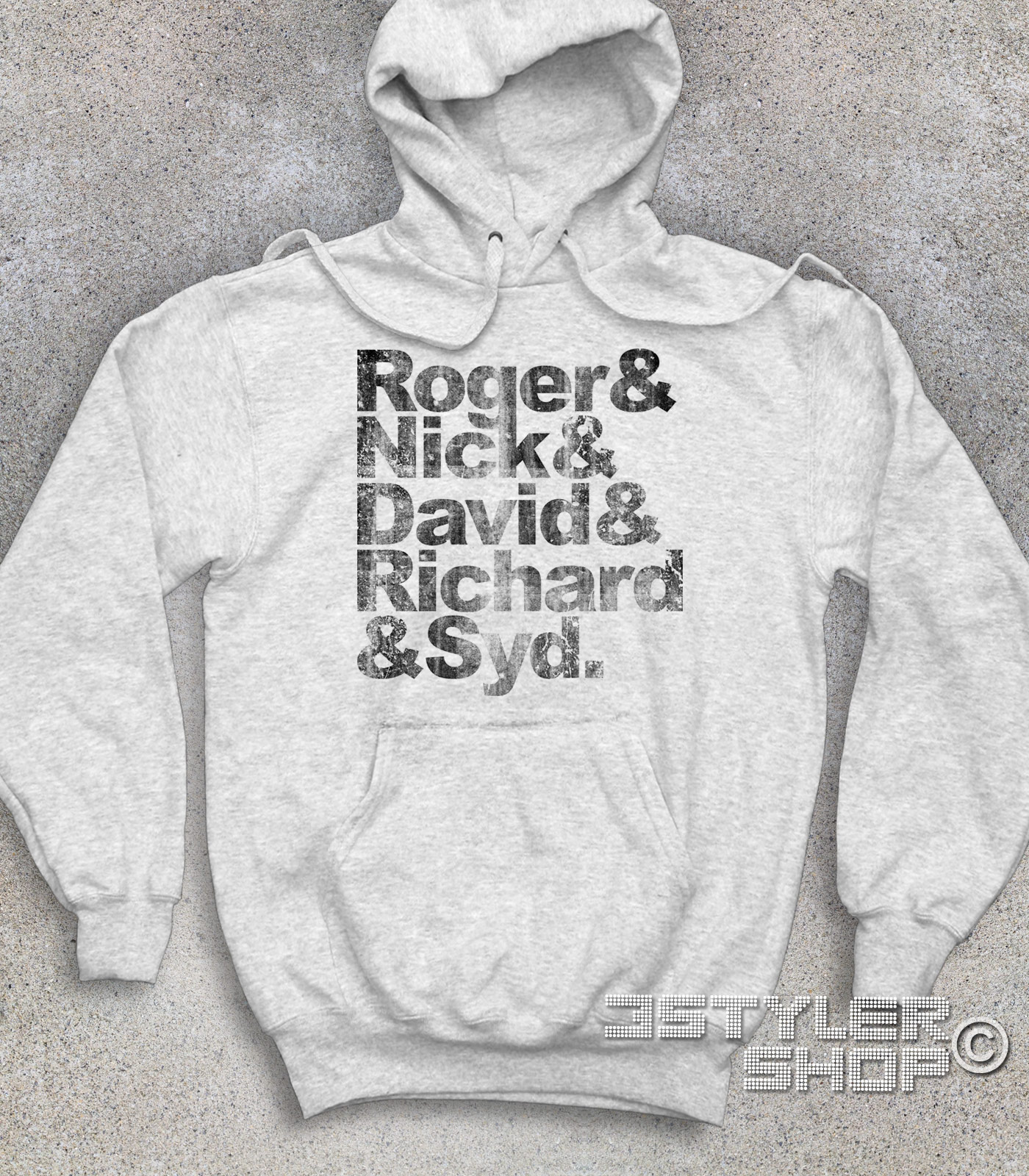 Pink Floyd felpa unisex coi nomi antichizzati dei componenti: Roger, Nick, David, Richard e Syd