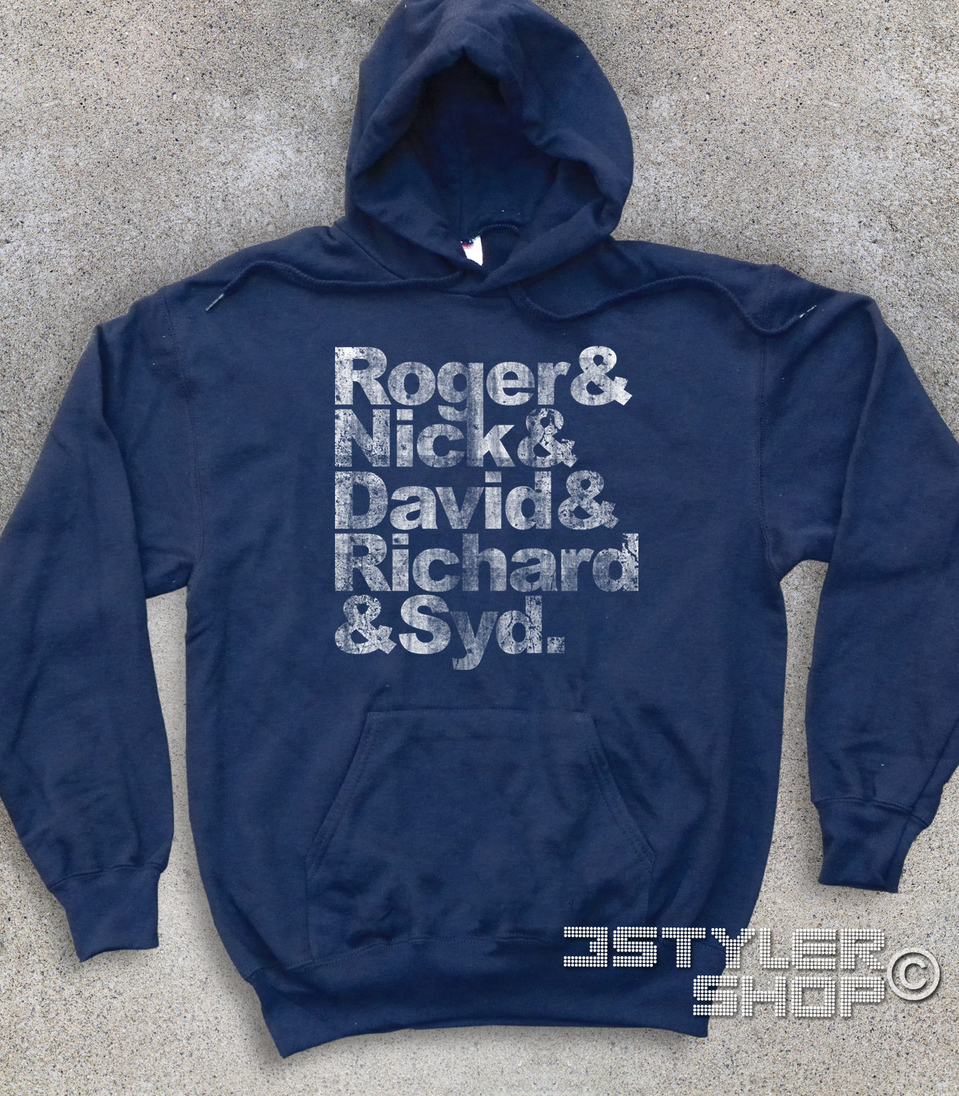 Pink Floyd felpa unisex coi nomi antichizzati dei componenti: Roger, Nick, David, Richard e Syd