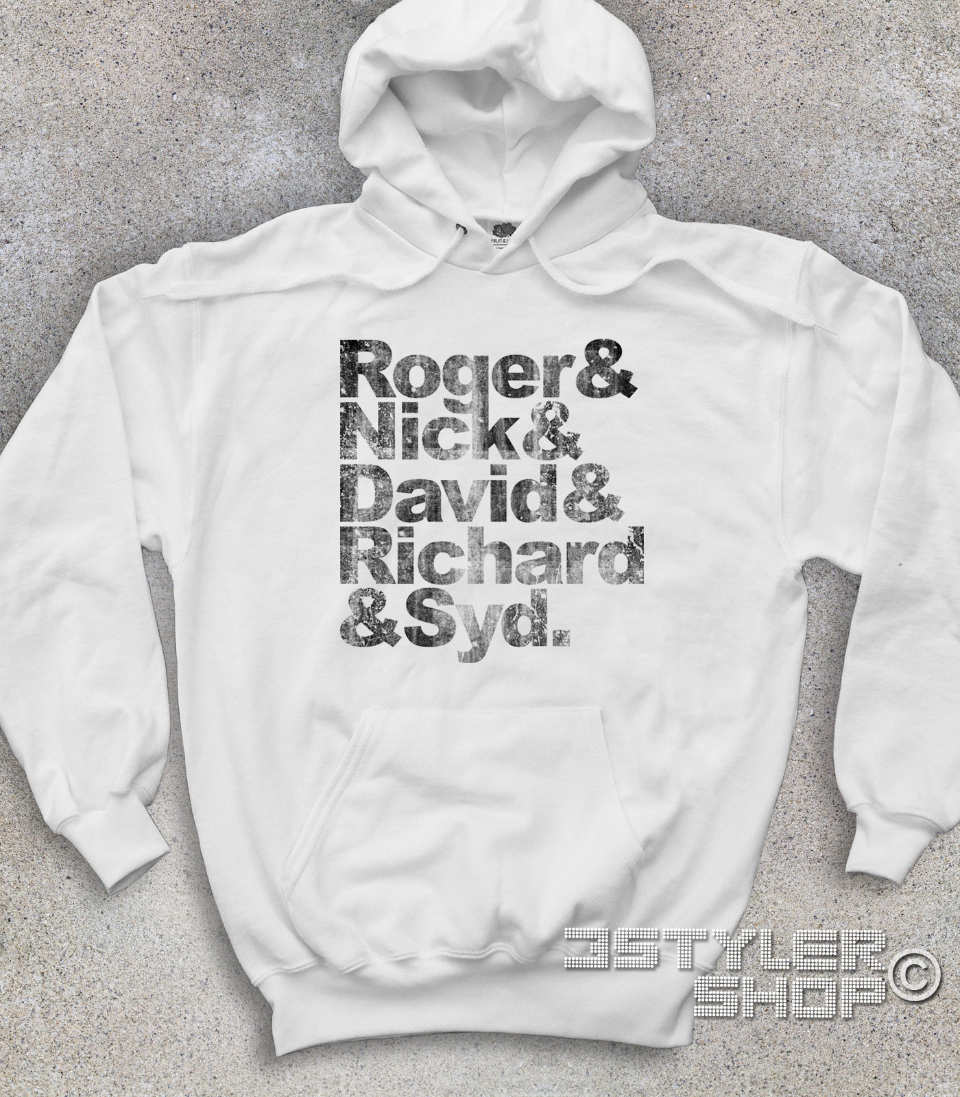 Pink Floyd felpa unisex coi nomi antichizzati dei componenti: Roger, Nick, David, Richard e Syd