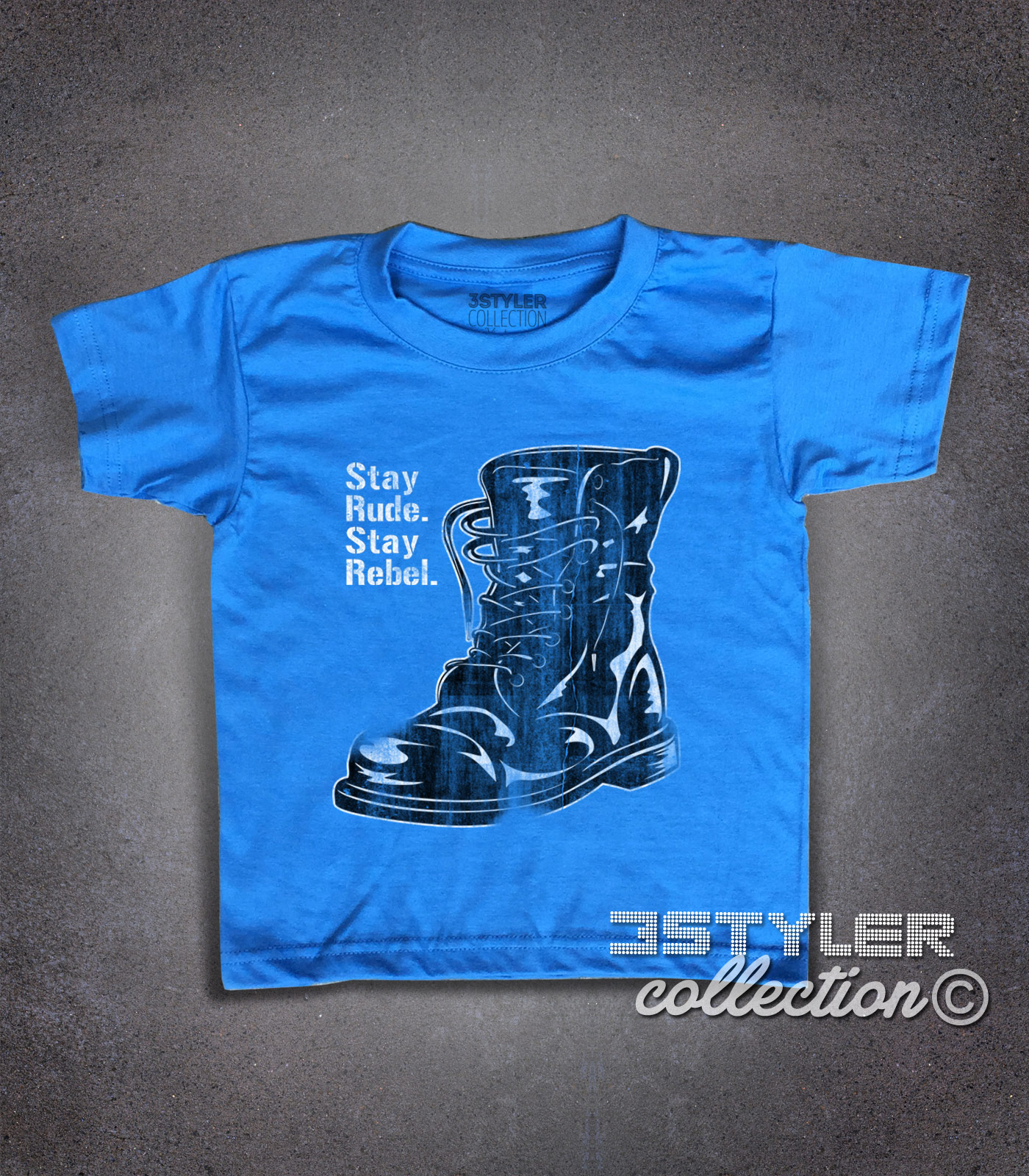 stay rude stay rebel t-shirt bambino raffigurante un anfibio antichizzato in stile skinhead