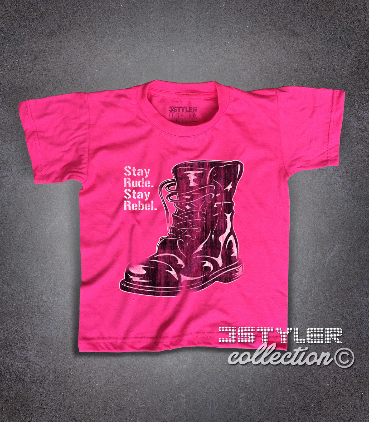 stay rude stay rebel t-shirt bambino raffigurante un anfibio antichizzato in stile skinhead