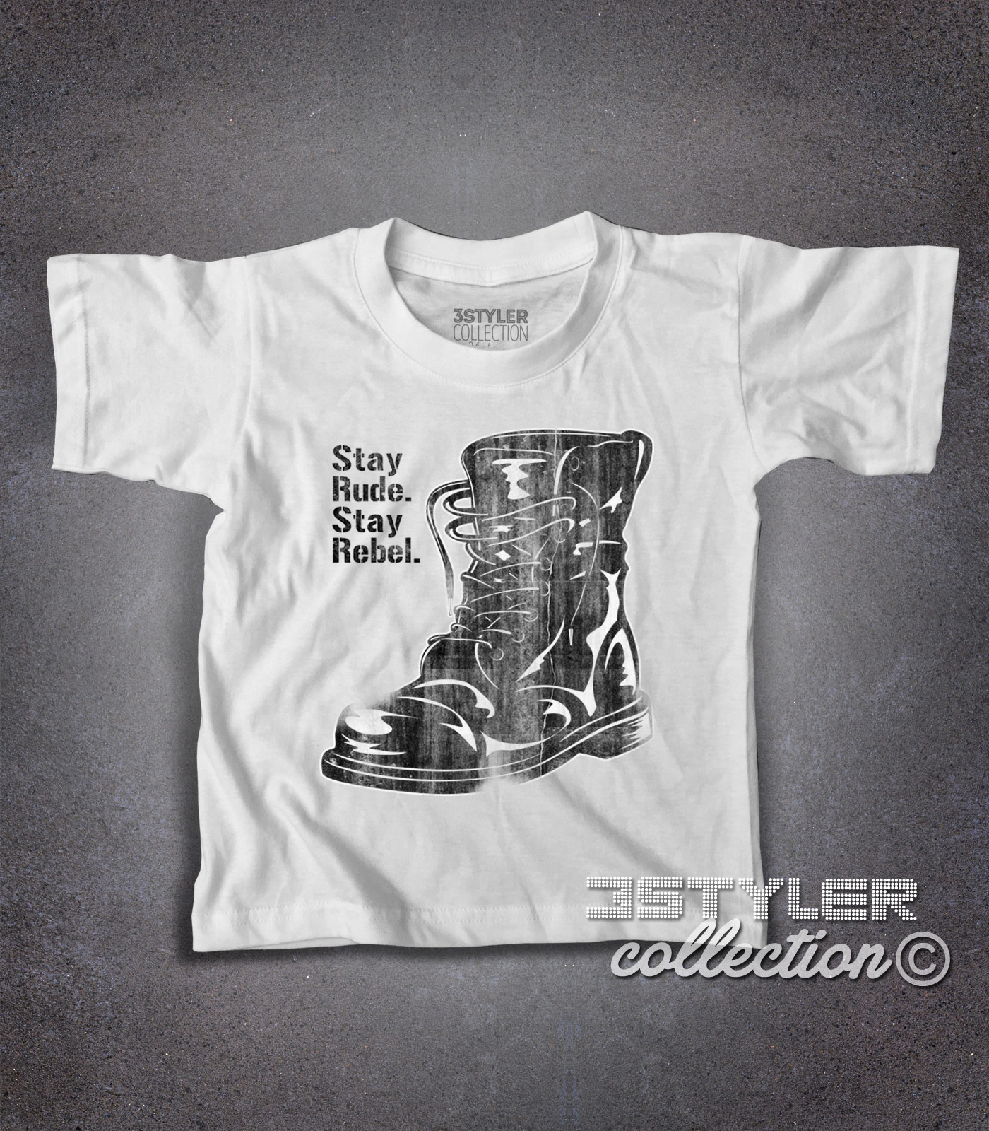 stay rude stay rebel t-shirt bambino raffigurante un anfibio antichizzato in stile skinhead