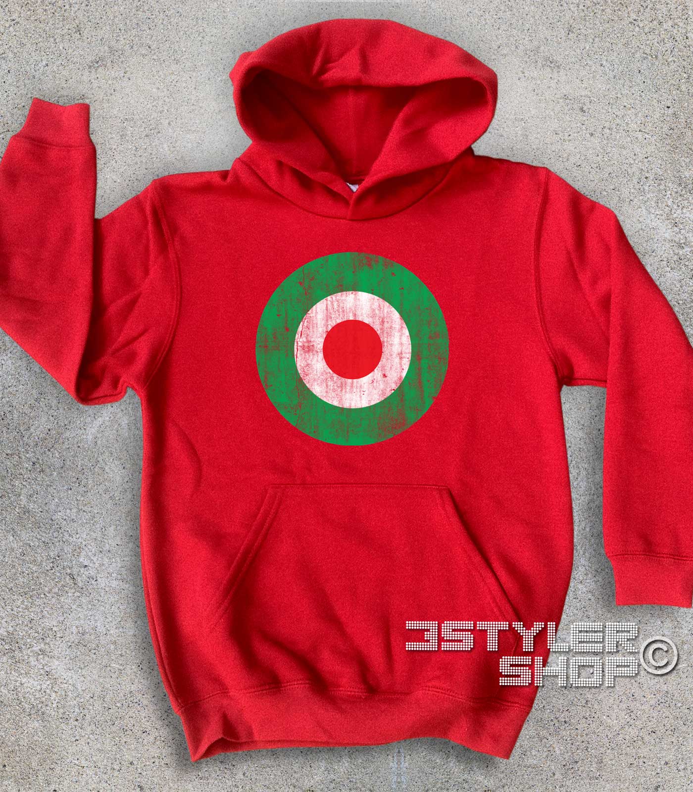 Vintage_target_mods_italia_felpa_bambino target italia felpa bambino raffigurante un target con i colori della bandiera italiana e in versione antichizzata
