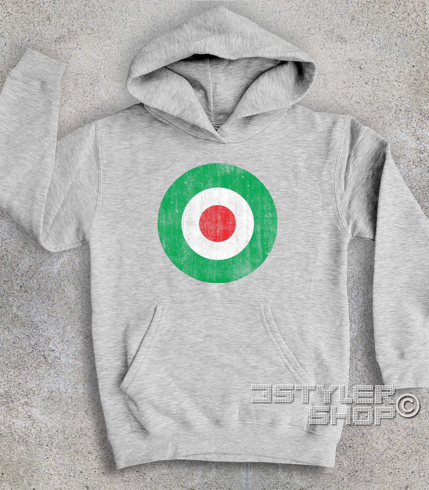 Vintage_target_mods_italia_felpa_bambino_gr target italia felpa bambino raffigurante un target con i colori della bandiera italiana e in versione antichizzata