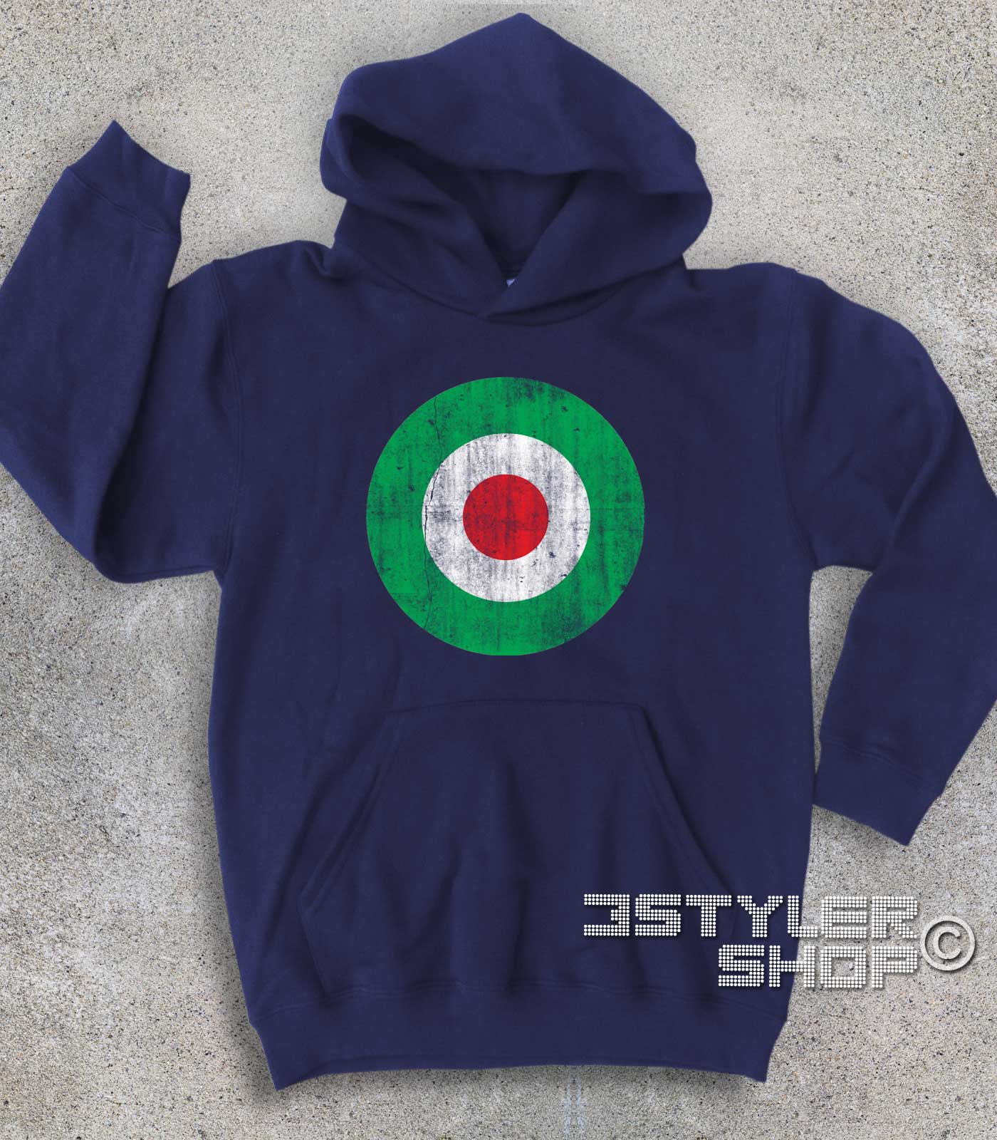 Vintage_target_mods_italia_felpa_bambino_na target italia felpa bambino raffigurante un target con i colori della bandiera italiana e in versione antichizzata