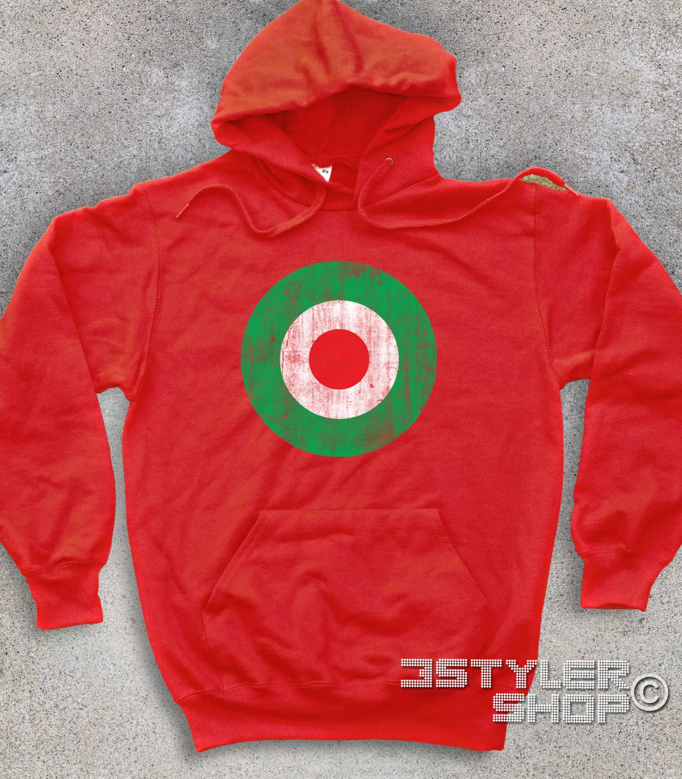 target italia felpa unisex raffigurante un target con i colori della bandiera italiana e in versione antichizzata