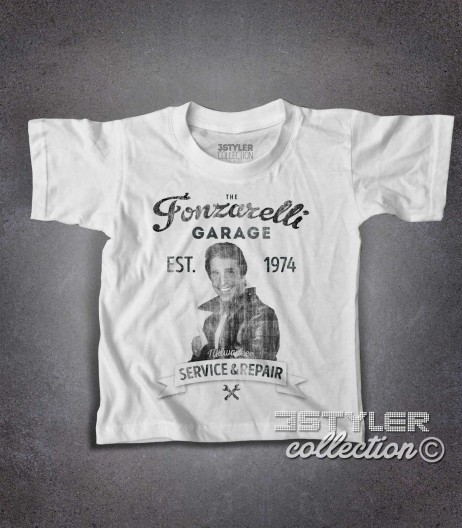 Fonzie t-shirt bambino raffigurante Fonzie e la scritta Garage Fonzarelli