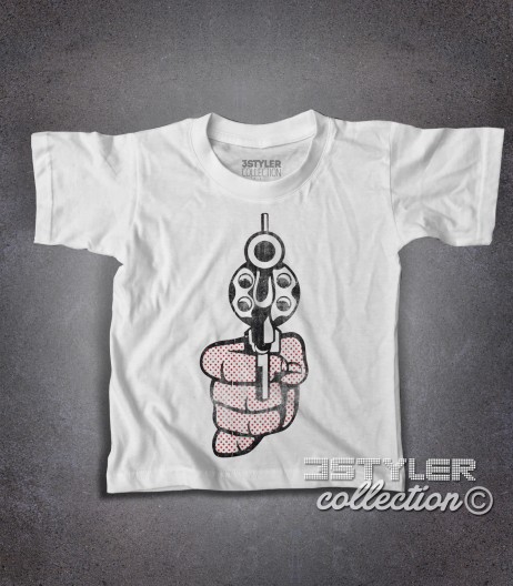 Roy Lichtenstein gun t-shirt bambino raffigurante una pistola in stile pop art