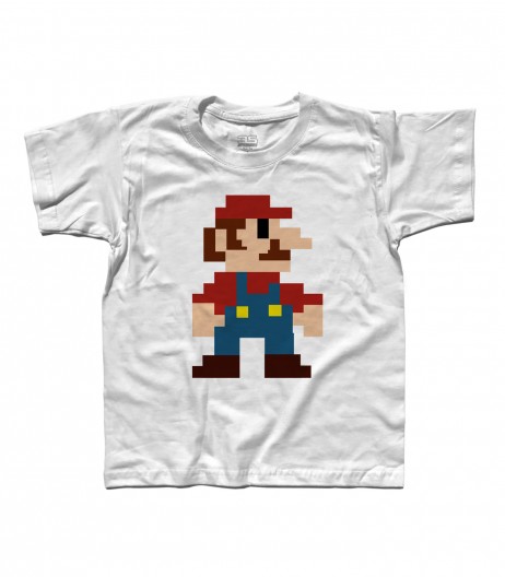super mario t-shirt bambino raffigurante super mario nella sua prima versione tutta fatta di pixel
