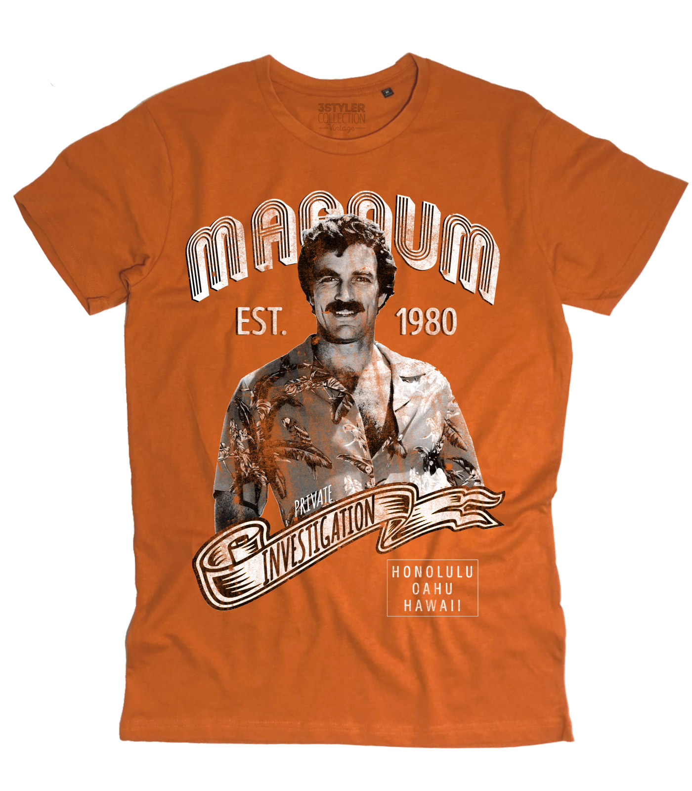 T-Shirt Uomo Vintage Magnum P.I. The Hawaii Private Investigator - 100% Cotone Organico, Stampata In Italia
