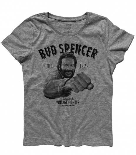 Bud spencer t-shirt donna raffigurante l'attore mentre da un pugno e la scritta vintage fighter