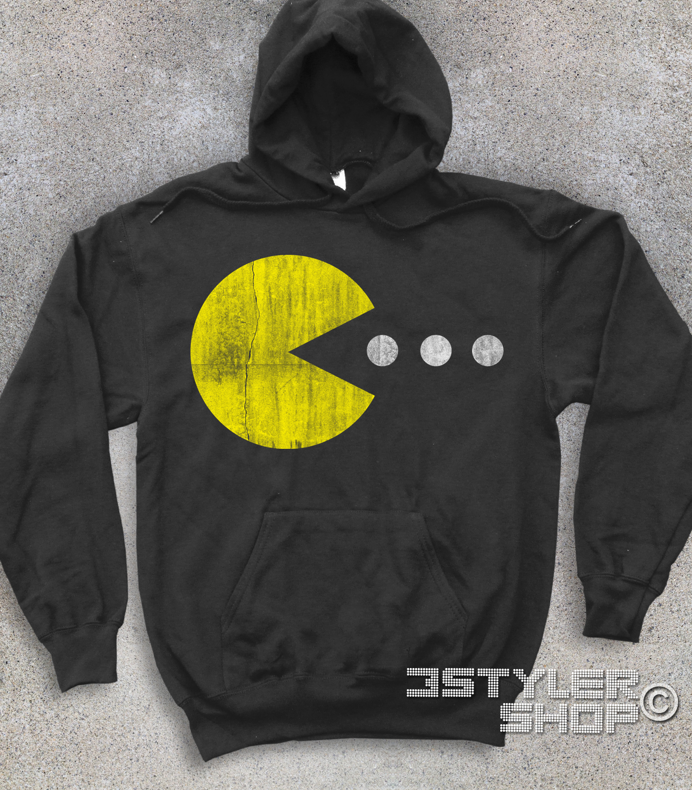 pac man felpa unisex raffigurante pac man che cerca di mangiare tre pillole