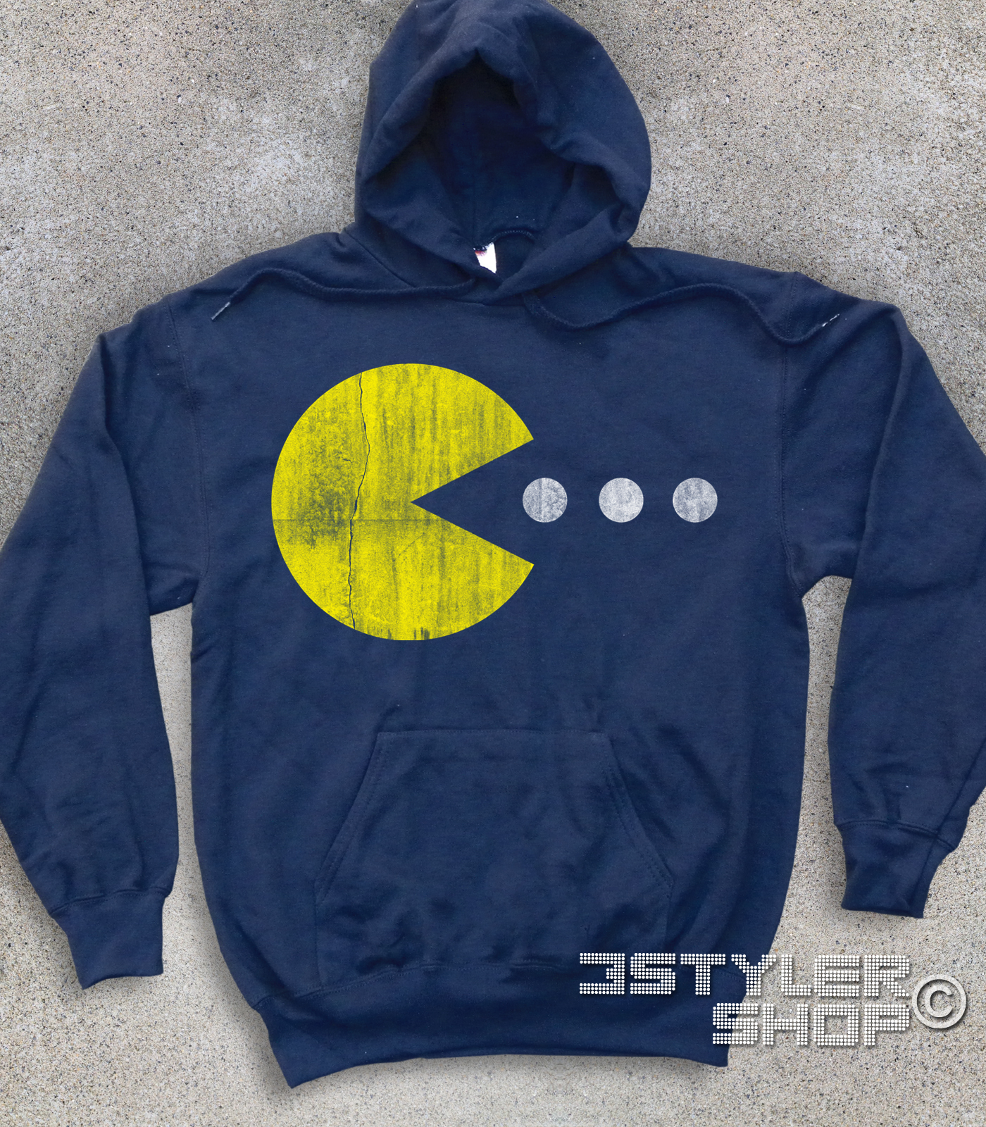 pac man felpa unisex raffigurante pac man che cerca di mangiare tre pillole