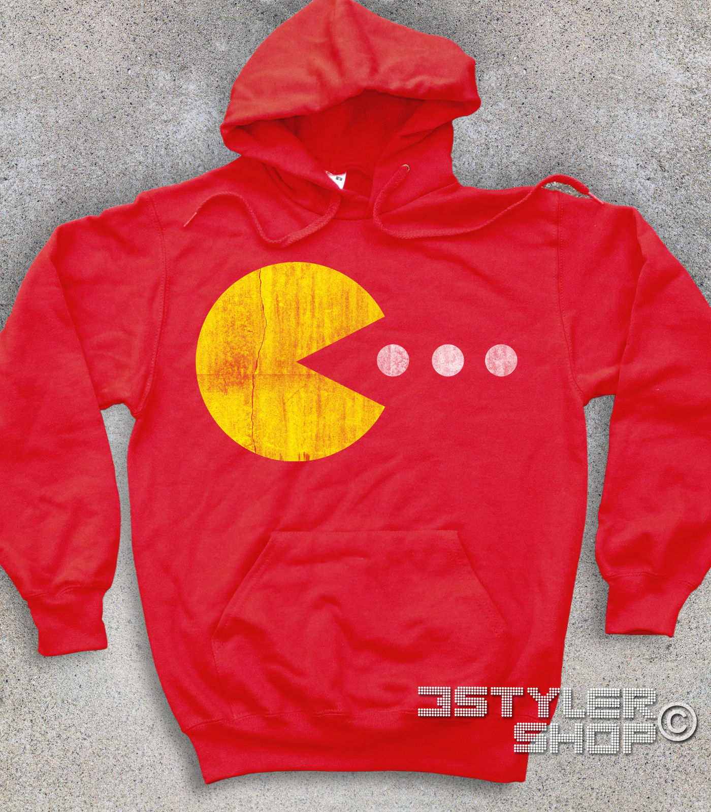 pac man felpa unisex raffigurante pac man che cerca di mangiare tre pillole