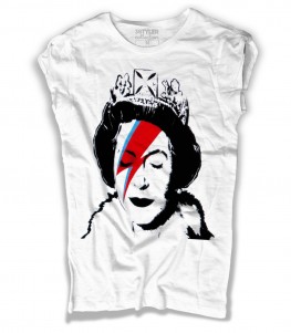 Elisabeth Queen Banksy t-shirt donna bianca raffigurante la regina truccata come Ziggy Stardust