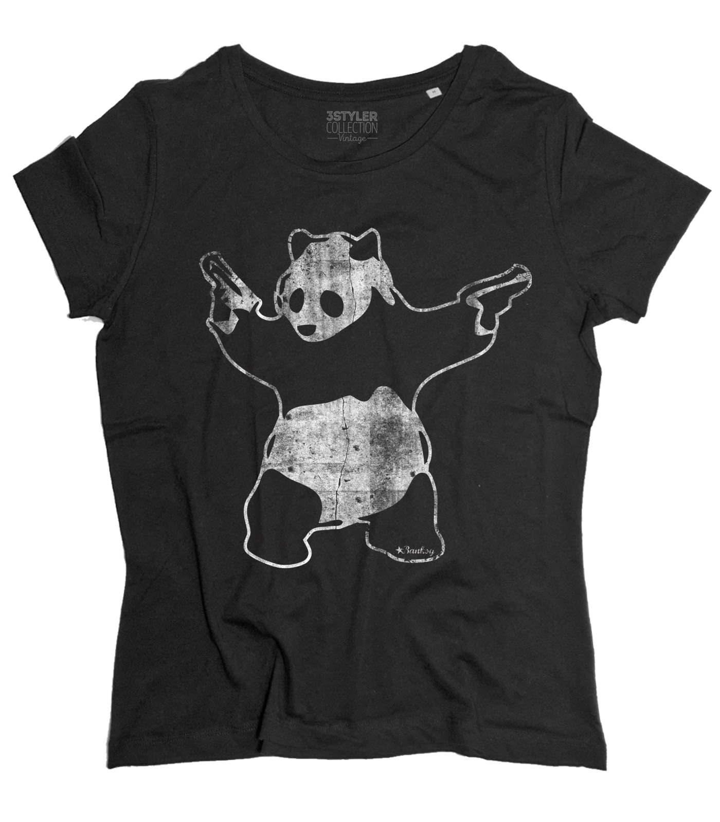 t-shirt_donna_banksy_panda_pistole_gun_BK panda pistole t-shirt donna raffigurante l'opera panda with guns di banksy