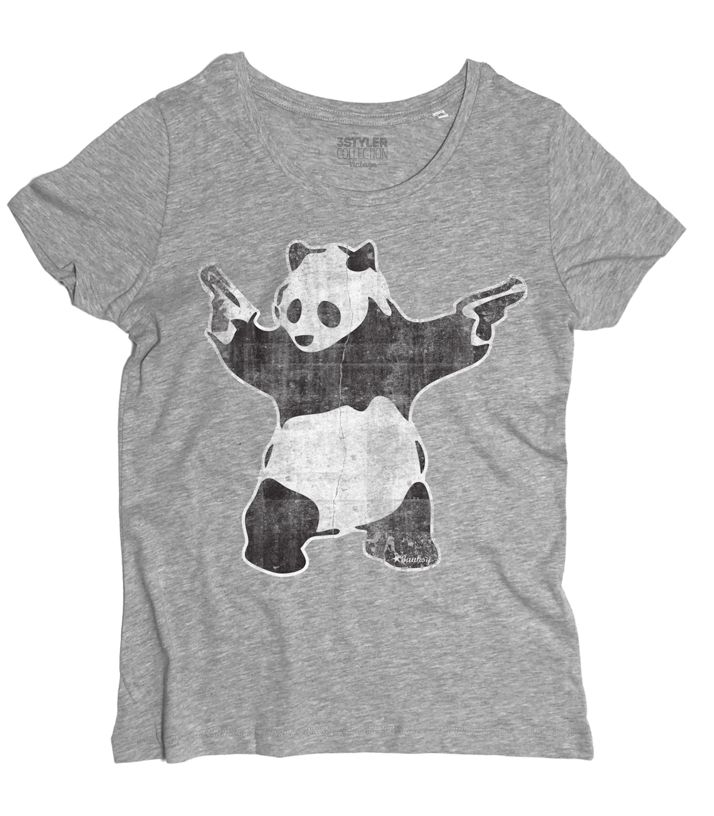 t-shirt_donna_banksy_panda_pistole_gun_GR panda pistole t-shirt donna raffigurante l'opera panda with guns di banksy