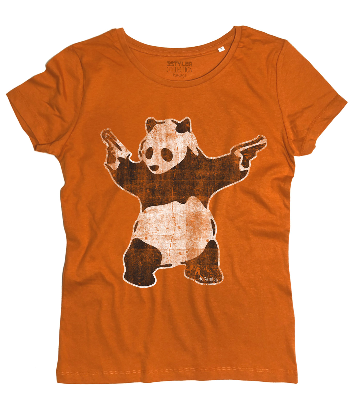 t-shirt_donna_banksy_panda_pistole_gun_OR panda pistole t-shirt donna raffigurante l'opera panda with guns di banksy
