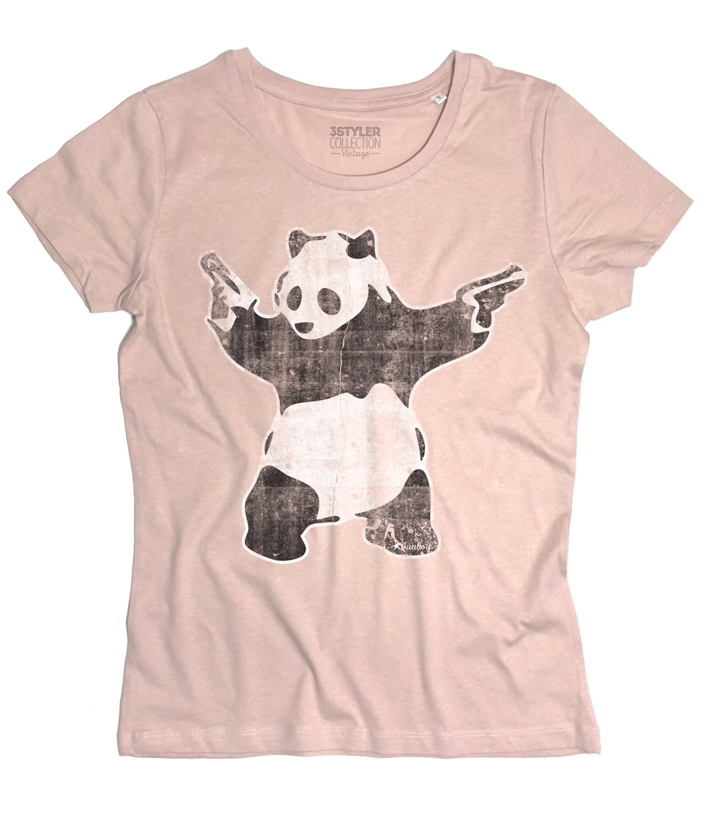 t-shirt_donna_banksy_panda_pistole_gun_PK panda pistole t-shirt donna raffigurante l'opera panda with guns di banksy